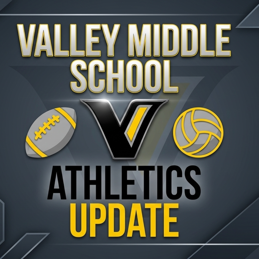 Modern graphic thumbnail for "Valley Middle School Athletics Update" featuring a stylized black and yellow "V" logo centered against a dark grey metallic background, flanked by football, volleyball